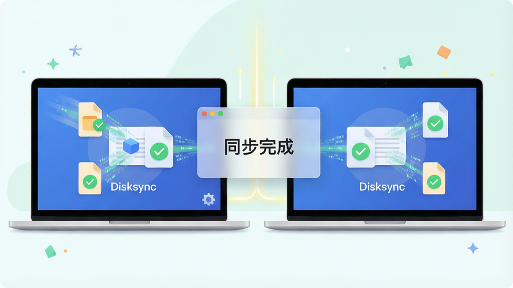 ���壺��̨�ʼǱ����Բ��ŷ��ã���Ļ����ʾDisksync����ͬ���ļ��Ķ������ļ�ͼ�������ɫ�Թ���һ̨���Է�����һ̨�����֣����ҶԳƹ�ͼ���м��Թ���������̨�豸���Ű棺��������������͸��״̬���ڣ���ʾ��ͬ����ɡ���������񣺱�ƽ���廭���ɫ���������죻ϸ�ڣ��ļ�ͼ�������������βЧ�������ʣ�4K���壬�ɾ����޶���Ԫ�ء�