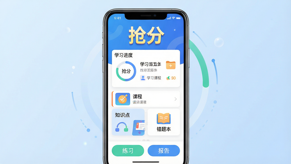 ���壺�ֻ�����չʾ�����֡�APPѧϰ��ҳ�棬�Ϸ���ʾ�����֡��������м�Ϊ�γ��б���֪ʶ�㿨Ƭ���·��С���ϰ���������桱�Ȱ�ť�����֣����й�ͼ���ֻ�ģ��ռ�������壬����Ϊǳ��ɫ���䡣�Ű棺ҳ��Ԫ�����������ֱ�ǩ�����֡�ͻ��������ִ���ƽ����ɫ���������Ƽ��С�ϸ�ڣ��ֻ���Ļ����ʾѧϰ���Ȼ��ʹ��Ȿͼ�꣬���ʣ�������Ⱦ���ɾ����޶���Ԫ�ء�