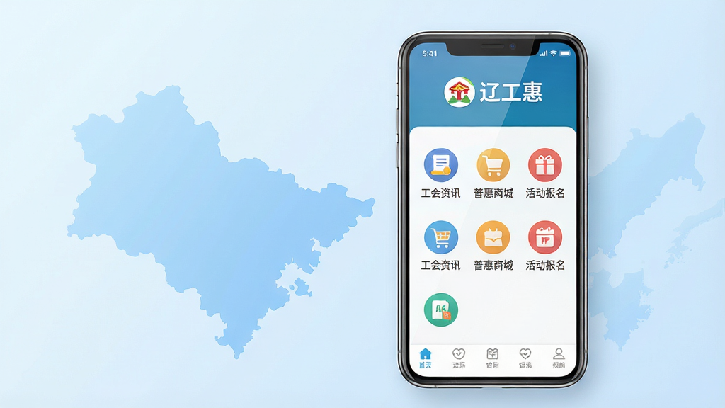 主体:一部亮屏的智能手机,屏幕中清晰显示“辽工惠”APP主界面,界面顶部有工会标志和“辽工惠”字样,中部有服务菜单图标排列。布局:手机位于画面中央偏右,左侧留白,背景为淡蓝色渐变,带有抽象辽宁地图轮廓。排版:界面元素整齐排列,图标简洁,文字清晰。风格:现代扁平化设计,色彩明亮,亲和力强。细节:手机屏幕反光自然,界面图标包含“工会资讯”“普惠商城”“活动报名”等,底部导航栏清晰。画质:4K超清,干净,无多余元素。