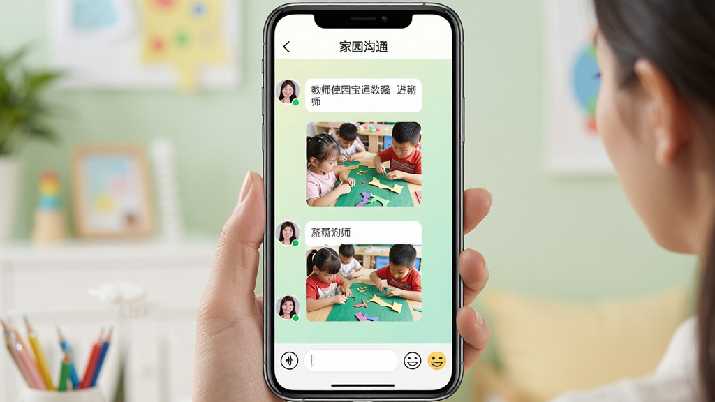 ���壺��ʦʹ��԰��ͨ��ʦApp��ҳ�������棬�Ի����ݰ������ֺ�ͼƬ�����֣��ֻ���Ļ���У�չʾ���촰�ڣ����������мҳ�ͷ��ͽ�ʦͷ���Ű棺���¶Ի������ײ��������������ͱ��鰴ť���������ǳɫ��񣬱���Ϊ����ɫ���䡣ϸ�ڣ���Ļ�Ϸ���ʾ����԰��ͨ����������ʦ���͵���ƬΪ���������ֹ��ĳ��������ʣ��߷ֱ��ʣ������������޶���Ԫ�ء�