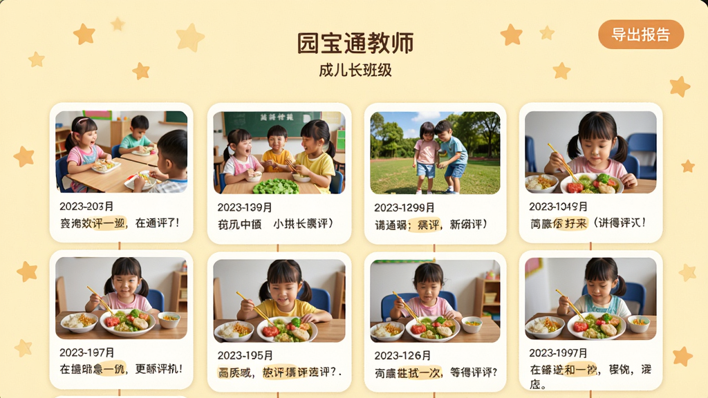 ���壺԰��ͨ��ʦApp�ĳɳ�����ҳ�棬չʾ�׶���Ƭǽ��ʱ���ᡣ���֣�ҳ����У��Ϸ����׶������Ͱ༶���·�����Ƭ�ٲ������Ű棺��Ƭʽ���֣�ÿ����Ƭ�·��������ںͼ����������ů�ɰ��磬����Ϊ����ɫ����׺С����ͼ����ϸ�ڣ���Ƭ��ʾ�������ڿ��á����⡢��͵ȳ��������Ͻ��С��������桱��ť�����ʣ�������ͣ�ɫ����ܰ���޶���Ԫ�ء�