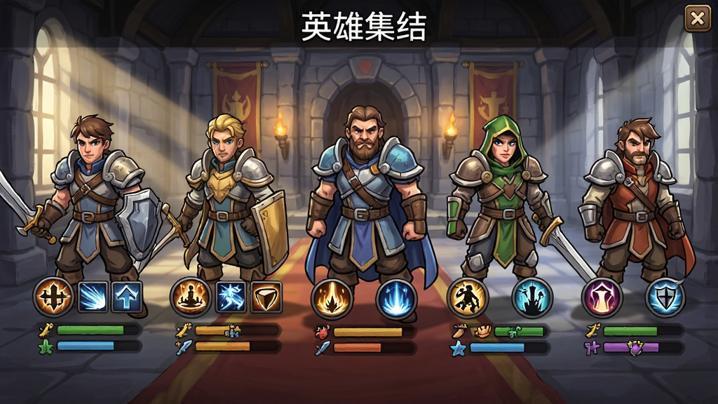 һ�š�Kingdoms Survivor��Ӣ��ѡ�����Ԥ��ͼ��������չʾ��λ��ְͬҵ��Ӣ�����棬ÿ��Ӣ���·��м���ͼ����������������ǳǱ��������ֻ濨ͨ��񣬹�ӰЧ��ͻ�������ʸ��壬�ɾ��޶���Ԫ�أ�ͼƬ�д��С�Ӣ�ۼ��ᡱ����