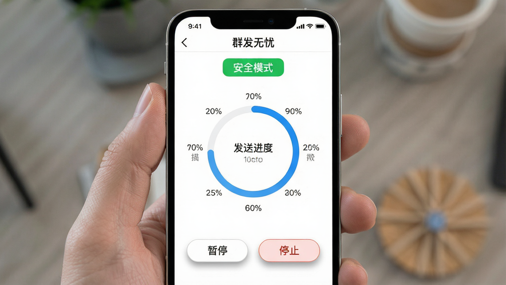 ���壺�ֻ���Ļ��ʾȺ�������������н��棬�Ϸ��С���ȫģʽ����ɫ��ʶ�����֣���Ļ������ʾ���ͽ���Բ�����·��а�ť����ͣ����ֹͣ�����Ű棺�������У���Ϣ�㼶�����������ˬUI����ɫ������ϸ�ڣ�Բ����Χ�����ְٷֱȣ���ť����Ӱ�����ʣ������������޶���Ԫ��