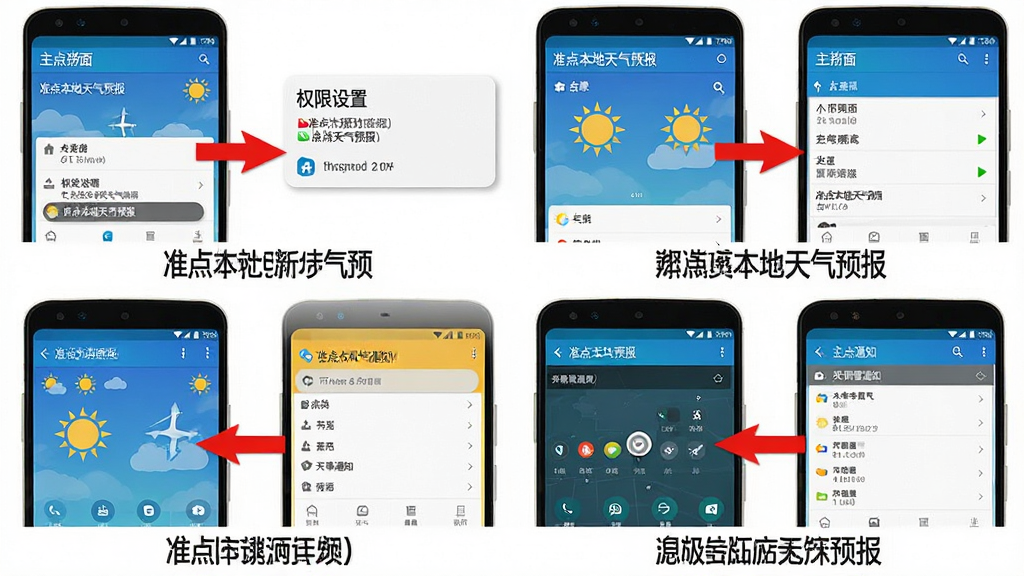 主体:准点本地天气预报应用在安卓手机上的使用教程分步截图,包含权限设置、主界面、预警通知等;布局:四宫格截图排列,每张配以红色箭头标注操作步骤;排版:截图下方有简要文字说明,字体清晰;风格:教程风格,简洁明了;细节:截图中的软件名称清晰可见,标注文字为“准点本地天气预报”使用步骤;画质:高清,无多余元素