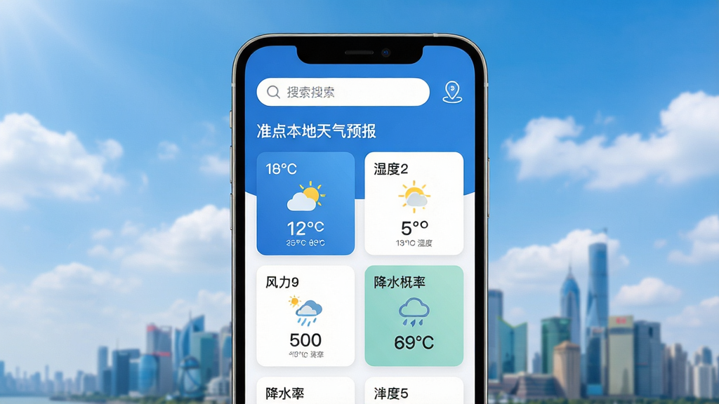 主体:智能手机屏幕展示准点本地天气预报应用界面,背景是晴朗蓝天白云与城市天际线;布局:手机居中,屏幕内显示温度、湿度、风力、降水概率等核心数据卡片,界面扁平化设计;排版:信息层级分明,数据模块整齐排列,顶部有搜索栏和定位图标;风格:现代简约,色彩清新,以蓝白为主色调;细节:屏幕中显示“准点本地天气预报”字样,天气图标清晰,数据文字锐利;画质:4K超清,干净无多余元素