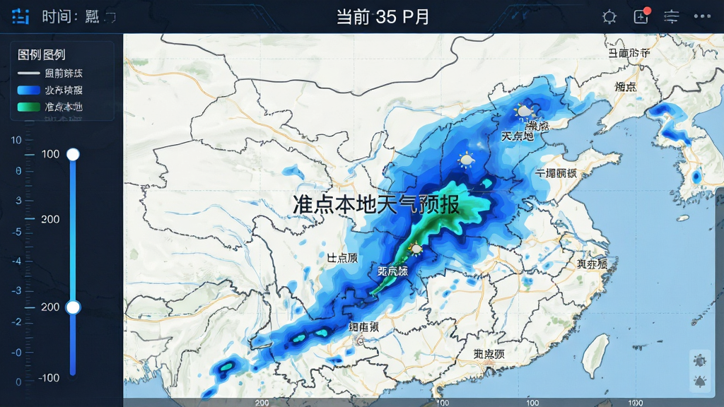 主体:准点本地天气预报应用中的分钟级降水雷达图,地图上以蓝色色块动态显示降水云团移动;布局:雷达图占据画面中心,左侧有图例和滑动时间轴,顶部显示当前时间;排版:地图网格清晰,时间轴刻度均匀,图例说明醒目;风格:科技感十足,数据可视化专业;细节:地图上标注“准点本地天气预报”水印,降水区域颜色渐变,城市地名清晰可见;画质:高分辨率,干净利落,无多余元素