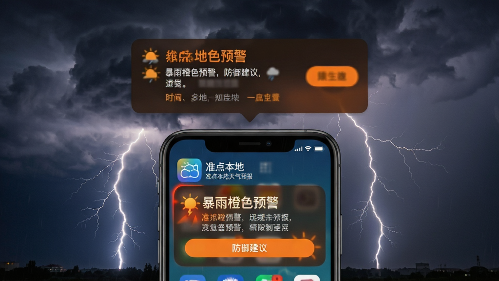主体:手机屏幕弹出准点本地天气预报的恶劣天气预警通知,背景是乌云密布、电闪雷鸣的天气实拍;布局:手机位于画面中央偏下,通知横幅从顶部滑出,背景天气照片占据上方;排版:通知栏显示“暴雨橙色预警”和防御建议,字体清晰,按钮明显;风格:警示风格,色彩对比强烈;细节:手机屏幕显示“准点本地天气预报”应用图标,预警信息快速闪烁;画质:高清晰度,氛围紧张,无多余元素