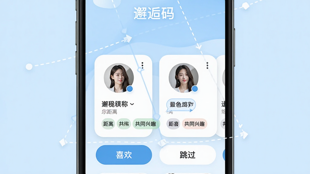 展示邂逅码智能匹配功能的界面截图,画面中手机屏幕显示多个用户卡片,每张卡片包含头像、昵称、距离和共同兴趣标签,卡片下方有喜欢和跳过按钮,背景为浅蓝色调,风格清新,突出算法推荐的概念,画质清晰,干净无多余元素,文字标注“邂逅码”字样。