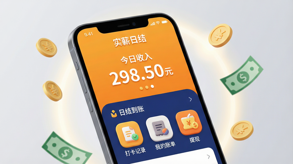 ���壺һ�����ŵ������ֻ���Ļռ�ݻ������ģ���Ļ��������ʾ��ʵн�սᡱAPP�������棬�����Ϸ��С��������롱���ֽ��·������š��򿨼�¼�������ҵ��˵����������֡���Բ��ͼ�ꡣ���֣��ֻ���΢��б������Ϊǳ��ɫ���䣬�ֻ�������͵Ĺ��κ�Ư����Ӳ����ֽ��Ԫ�أ�Ӫ����Ƹ����˵ķ�Χ�С��Ű棺�ֻ���Ļ�������Թ��ڣ����֡�ʵн�սᡱ�롰�սᵽ�� �������ǡ����б�����Ŀ����񣺱�ƽ�����΢3D��Ⱦ��ɫ�����죬�ԳȻ�ɫ������ɫΪ��ɫ����ϸ�ڣ���Ļ��������ʾ��298.50Ԫ��������ͼ���Ե��������Ӱ��Ȼ�����ʣ�8K���壬�ɾ��޶���Ԫ�ء�