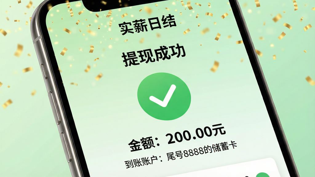 ���壺�ֻ���Ļ��дչʾ��ʵн�սᡱǮ�����ֳɹ����棬��Ļ������һ��������ɫ�Թ�Բ��ͼ�꣬�Ϸ���ʾ�����ֳɹ������·�Ϊ����200.00Ԫ���͡������˻���β��8888�Ĵ���������֣�����Ϊ����ɫ���䣬�ֻ���Ļ�Ϸ��н�ɫƮ���������Ч��Ӫ����ף��Χ���Ű棺���־������У��ص���Ϣ�Ӵ�Ӵ֡���񣺼������磬ɫ�����£�����ɫ�ͽ�ɫΪ����ϸ�ڣ���Ļ��Ե��ϸ΢�Ľ������󣬿�Ƭ��Ϣ���������ʣ����壬�ɾ��޶���Ԫ�ء�