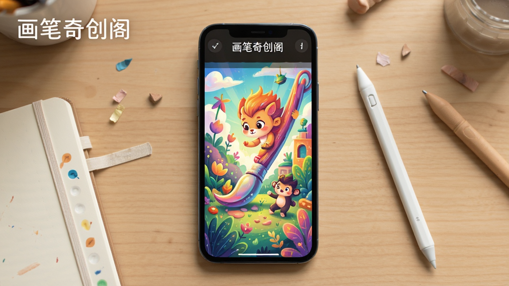 չʾ�����洴�����ֻ��ϵĻ滭Ч�����ֻ���Ļ����ʾһ��ɫ�����޵Ĳ廭������Ϊ��Լ��ľ�����棬��Χ�ڷ��Ŵ��رʺͱʼǱ������幹ͼ���У��Ű���Ȼ�������ܰ��ϸ�ڷḻ�����ʸ��壬�ɾ��޶���Ԫ�أ�ͼƬ����ʾ���֡������洴��