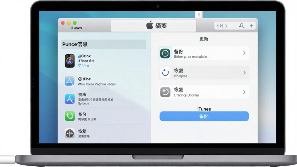 ���壺һ�� iPhone ��������ӣ���Ļ��ʾ iTunes �ġ�ժҪ���������棻���֣����Ϊ�豸��Ϣ�����Ҳ�Ϊ���ݺ͸���ѡ�ť���Ű棺����ͼ���������У���񣺼������磻ϸ�ڣ�������ͻ�������ݡ��͡��ָ�����ť����ע��iTunes��Logo�����ʣ�������Ⱦ���ɾ����޶���Ԫ�ء�