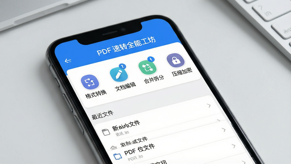 ������չʾһ�������ֻ�����Ļ����ʾ��PDF ��תȫ�ܹ��������������棬�Ϸ�Ϊ��ɫ���������м��г�����ʽת���������ĵ��༭�������ϲ���֡�����ѹ�����ܡ��ĸ�����ͼ�꣬�·�Ϊ����ļ��б�������Ϊǳ��ɫ�칫���棬���岼������������Լ�ִ�������ɾ��޶���Ԫ�أ��߷ֱ��ʣ�ϸ�ڷḻ