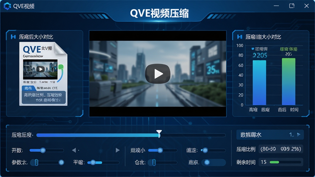 ���壺QVE��Ƶѹ���������н��棬��ʾһ��������Ƶ�ļ����ڱ�ѹ�����Ա���ѹ��ǰ���С�Ա�ͼ�����֣���������Ϊ��ƵԤ�����·�Ϊѹ���������Ͳ���������壻�Ű棺���ݿ��ӻ�ͼ��չʾѹ��Ч������񣺿Ƽ�����ɫ��������ɾ���ϸ�ڣ���ע��QVE��Ƶѹ����������ѹ��������ʣ��ʱ�������ɼ������ʣ����塢ϸ�塢�޶���Ԫ�ء�