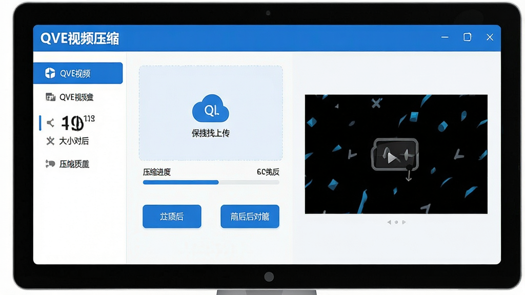 ���壺QVE��Ƶѹ�����������棬������Ļ��ʾ������ק�ϴ������ѹ�������������֣����Ϊ�����б����Ҳ�ΪԤ�����ڣ��������ҷֲ����Ű棺�������˵Ŀ�Ƭʽ���֣���ť��Ŀ������ִ���ƽ����ƣ���ɫ��ɫ������ɫ������ϸ�ڣ������ע��QVE��Ƶѹ����������ѹ��ǰ���ļ���С�Ա�����չʾ�����ʣ����塢�ɾ����޶���Ԫ�ء�