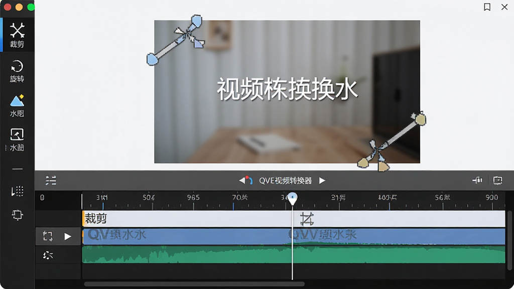 主体:QVE视频转换器剪辑界面,时间轴上有裁剪标记和水印文字,布局:上方预览窗口,下方时间轴,排版:工具图标排列在左侧,风格:明亮简洁,细节:显示“裁剪”“旋转”“水印”图标,画质:高清,干净,无多余元素