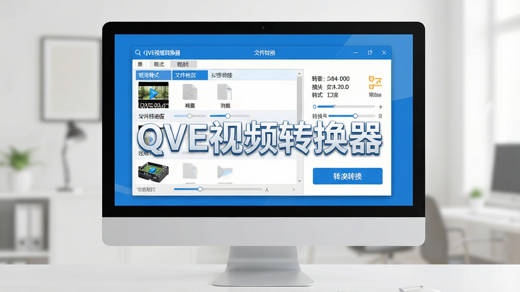 主体:QVE视频转换器软件界面展示,一台电脑屏幕上显示软件主窗口,窗口内有视频文件列表和转换按钮,布局:居中构图,界面元素清晰可见,排版:简洁明了,突出软件名称“QVE视频转换器”字样,风格:现代扁平化设计,色彩以蓝白为主,细节:转换进度条、文件格式标签清晰,画质:高清,干净,无多余元素