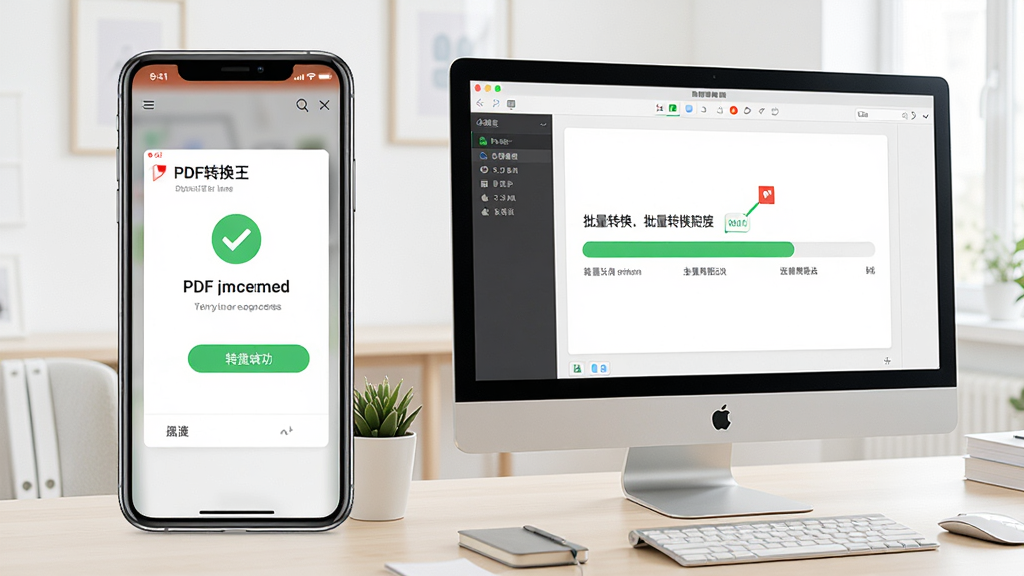 一张展示PDF转换王软件在手机和电脑上同时运行的场景,左边是手机屏幕显示转换成功界面,右边是电脑屏幕显示批量转换进度条,背景为简洁的浅色办公桌,整体风格清新明亮,布局协调,细节丰富,画质高清,无多余元素