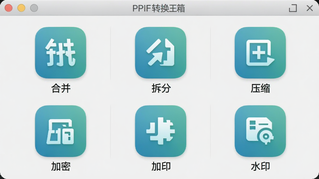 展示PDF转换王软件工具箱界面的截图,界面以九宫格形式展示合并、拆分、压缩、加密、水印等功能图标,每个图标下方有中文名称,背景为浅灰色,图标采用渐变蓝绿色,整体设计圆润友好,布局清晰,画质干净,无多余元素