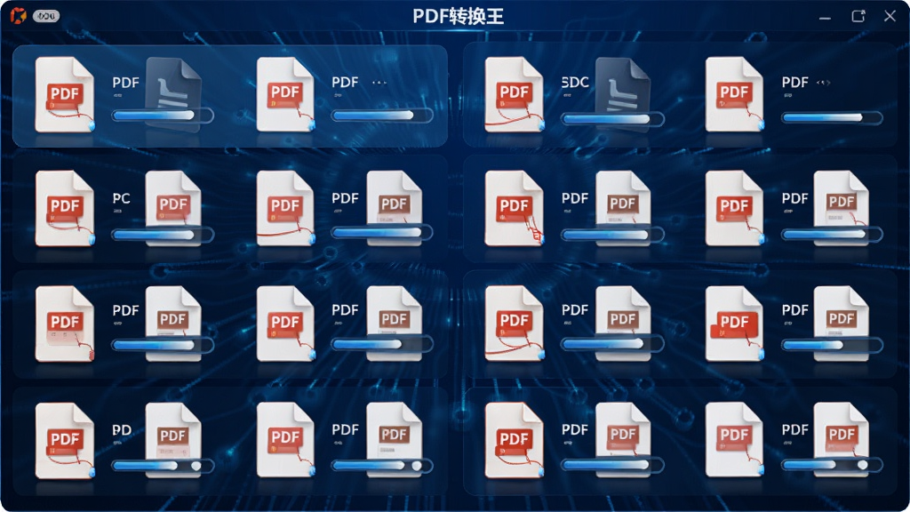 一张动态效果图,展示PDF转换王软件同时处理多个PDF文件,文件列表排列整齐,每个文件旁有进度条,背景为深蓝色科技感纹理,界面风格现代,图标带有光泽效果,整体布局对称,细节丰富,画质清晰无杂质