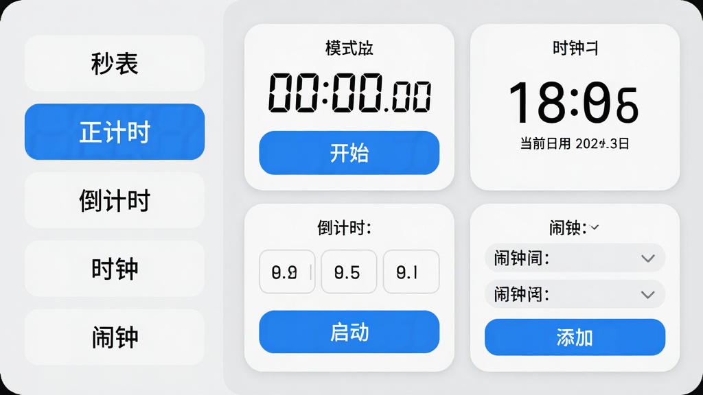 ���壺�۷����ü�ʱ����ģʽ�л����档���֣��������Ϊģʽ�б���������ʾ�������������ʱ��������ʱ����ʱ�ӡ������ӡ����Ҳ�Ϊ��ǰѡ��ģʽ����ϸ��壬�������������ʾ�Ͳ�����ť�����岼�����������ǳ��ɫ��������Ƭʽ��ƣ�Բ�Ǳ߿���ɫ������ǰģʽ�������ˬ��ϸ�ڣ���������ʾ��00:00.00�����д�š���ʼ����ť������ʱ�����Сʱ�����ӡ���������͡���������ť��ʱ�������ʾ��ǰʱ�䲢�����ڣ���������������б��͡����ӡ���ť�����ʣ����壬�ɾ����޶���Ԫ�ء�