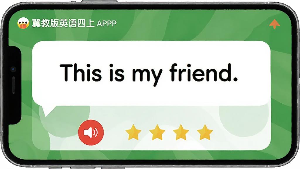 ��������Ϊ�����̰�Ӣ�����ϡ�APP�Ŀ��ĸ������棬��ʾһ��Ӣ�ľ��ӡ�This is my friend.�����·��к�ɫ¼����ť���������ǡ�������Ƽ�࣬����ɫ�����Ͱ�ɫ�Ի��򡣲���Ϊ�ֻ�������ͼ��ʽ������չʾ���Ű�������������Ŀ�����Ϊ��ƽ��UI��ƣ�ɫ�����죬ϸ�ھ��£����ʸɾ����޶���Ԫ�ء�