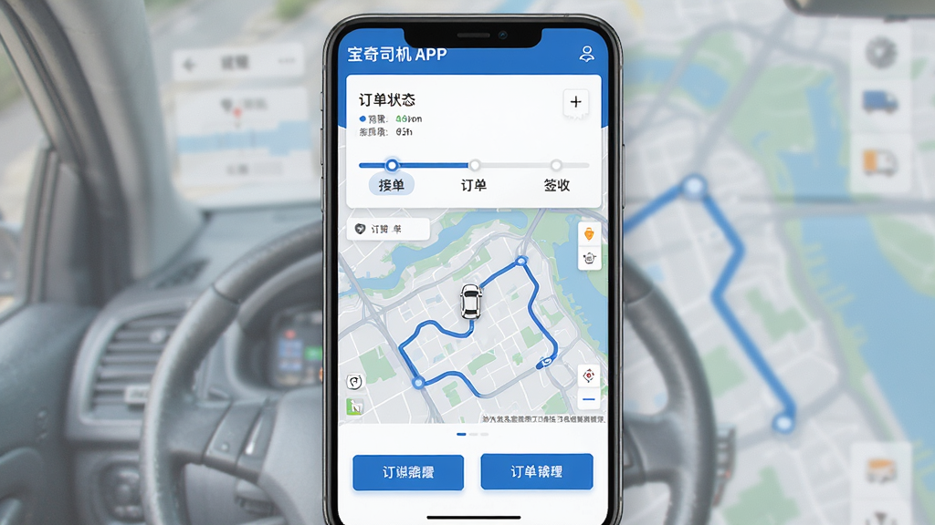 ���壺����˾��APP������������棬��ʾ�����ӽӵ���ǩ�յĽ��������Լ���ͼʵʱ�켣�����֣��Ϸ�Ϊ����״̬���м�Ϊ��ͼ���·�Ϊ������ť���Ű棺��������չʾ����ͼռ�Ӿ����ġ��������רҵ��������ɫ��ϸ�ڣ�״̬�ڵ���������ͼ����ʾ����ͼ�ꡣ���ʣ����壬���࣬�޶���Ԫ�ء�