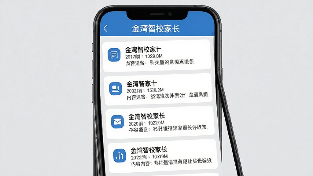 ���壺������У�ҳ�APP����Ϣ֪ͨҳ�棬�ֻ���Ļ����ʾ����֪ͨ�б������֣��ֻ���Ļռ�ݻ������룬֪ͨ��Ŀ���ϵ������С��Ű棺ÿ��֪ͨ�������⡢ʱ�������ժҪ�����������ˡ������������磬������ɫ��ϸ�ڣ���Ļ�����С�������У�ҳ���������֪ͨ��Ŀ����Сͼ�꣬����Ϊǳ��ɫ�����ʣ��������ɾ����޶���Ԫ�ء�