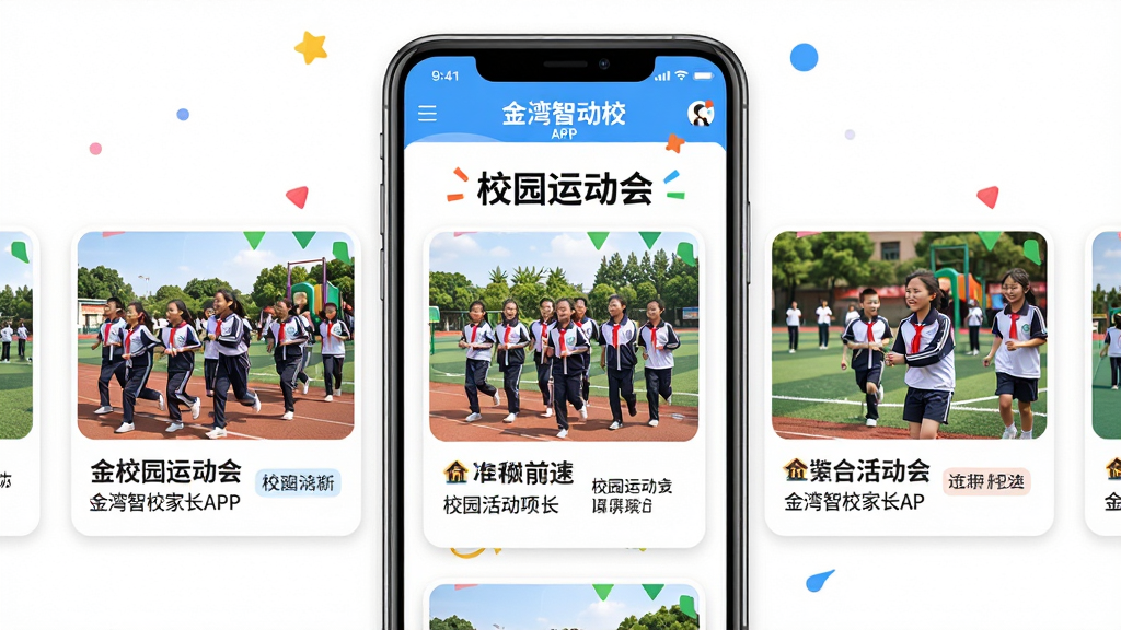 ���壺������У�ҳ�APP��У԰��̬ҳ�棬չʾ���Ƭ���������������֣��ֻ���Ļ���У�ͼƬ�Կ�Ƭ��ʽ���򻬶����Ű棺��Ƭʽ���֣���Ƭ�������·���������˵������񣺻������죬ɫ�����ޡ�ϸ�ڣ���Ƭ����Ϊѧ�����ڲٳ���ĳ��������С�У԰�˶��ᡱ���⡣���ʣ����壬�ɾ����޶���Ԫ�ء�