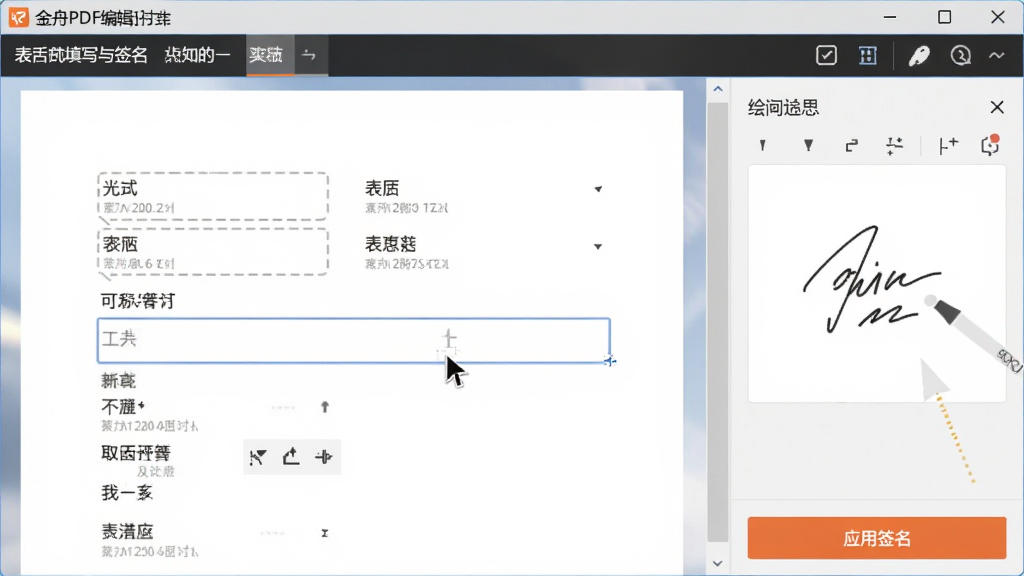 ����PDF�༭��������д��ǩ�����棬�ĵ�����ʾ����д�����򣬹�궨λ���ı����ڣ��Ҳ�ǩ������ṩ����ǩ�����򣬽����·��С�Ӧ��ǩ������ť������������Ի���������ʾ���������ʸɾ�