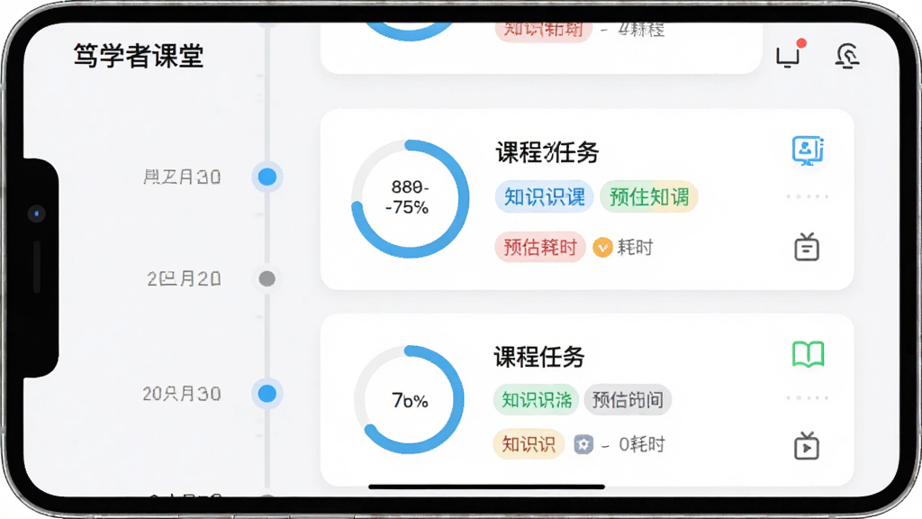 �������ܽ����ͼ������Ϊ����ѧ�߿��á�APP�ĸ���ѧϰ·���滮ҳ�棬���ֲ���ʱ������ʽ�������ʾ���ڽڵ㣬�Ҳ���ʾ��Ӧ�γ�����Ƭ���Ű��������򣬷��UI��Ƹ���ϸ�ڰ������Ȼ���֪ʶ���ǩ��Ԥ����ʱͼ�꣬����ϸ�壬����ɾ��޶���Ԫ��