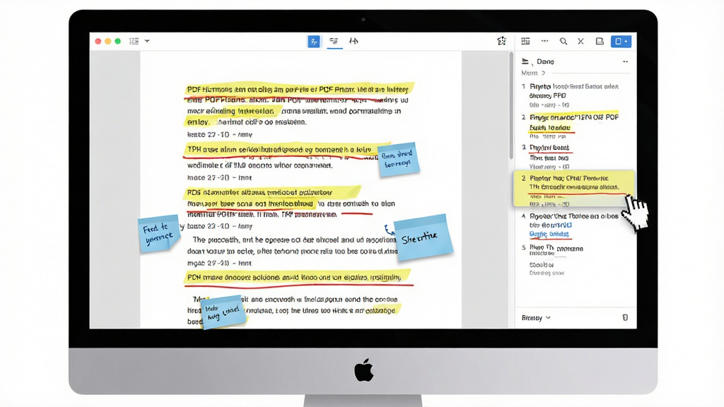 �׶�PDF�Ķ�����ע����չʾͼ��������Ļ��һ��PDF�ĵ�ҳ�棬�������жദ��ɫ��������ɫ�»��ߺ���ɫ��ǩ���Ҳ������ʾ��ע�б��������ͣ��һ����ע�ϣ���������ֱ�ۣ�ͻ���๦�ܱ�ע�����ʸɾ����޶���Ԫ��