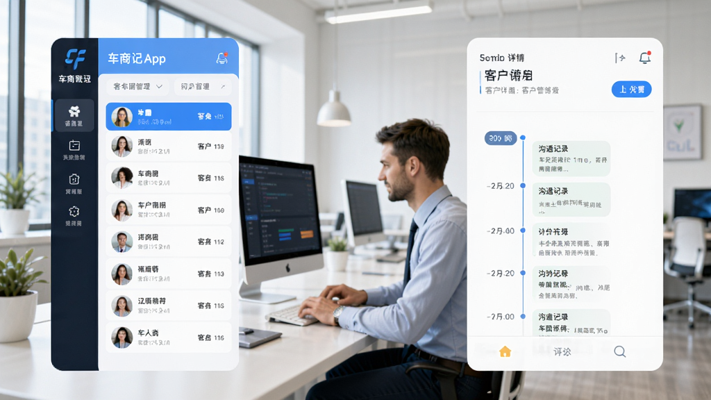 ͼƬ����Ϊ���̼�APP�Ŀͻ������������ͼ������Ϊ������ƣ�����ǿͻ��б����Ҳ��ǿͻ�����ҳ��������ͨ��¼ʱ���ᡣ����Ϊ�������ִ��칫�ҳ�������������Ա�ڵ���ǰ���������Ϊдʵ��UI��ϣ�ɫ���������죬ϸ�ڷḻ�����ʸ��壬�ɾ��޶���Ԫ�ء�