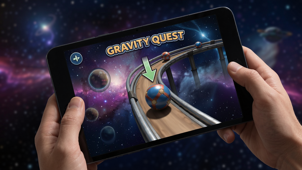 Gravity Quest��Ϸ���棬����ֳ��豸��б����Ļ�е�С���ع��������������ʾ���������ͷ������Ϊ��̬�ǿգ����дʵ����Ӱ��Ȼ�������������޶���Ԫ��