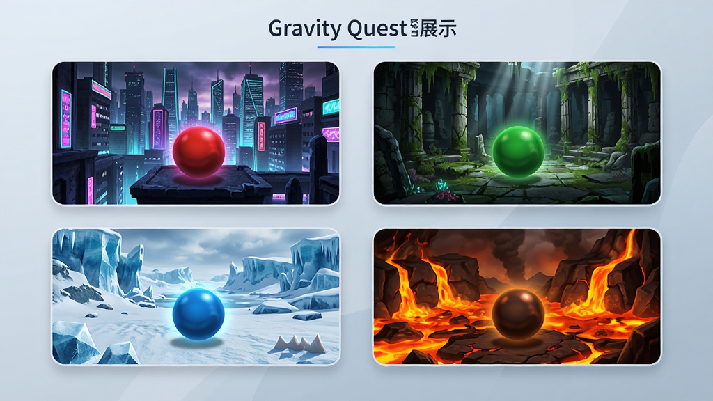 Gravity Quest�����л�չʾ���ĸ���ͬ����Ĺؿ�����ͼ���У��޺綼�С�Զ���ż�������ѩԭ�����ҵ��ģ�ÿ��ͼ��С����ɫ�뻷���Ա�����������UI��ˬ�����ʸ��壬�޶���Ԫ��