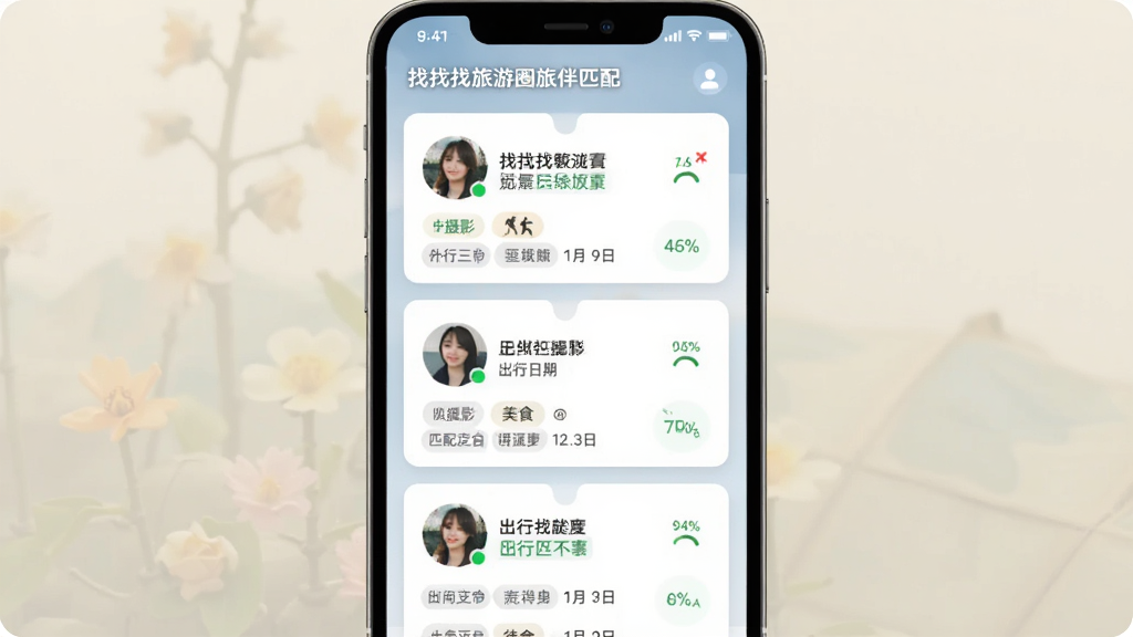 ����Ϊ����������Ȧ�ð�ƥ��ҳ�棬չʾ����û���Ƭ����Ƭ����ͷ�񡢱�ǩ����Ӱ����ʳ��ͽ�������������ڡ����ֲ��ÿ�Ƭ�ٲ�����������ͣ�����罻����ϸ�ڰ�������״̬��ƥ��Ȱٷֱȣ������������޶���Ԫ�ء�