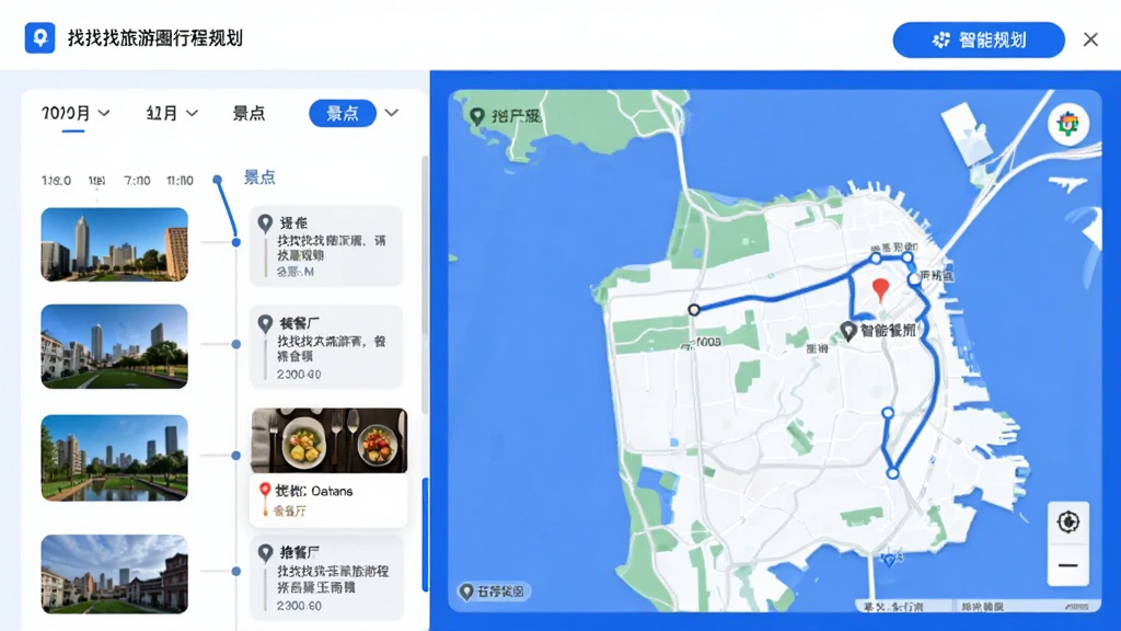����Ϊ����������Ȧ�г̹滮���ܽ��棬�����ʾ�����뾰���б����Ҳ�Ϊ��ͼ·�����ߣ������С����ܹ滮����ť��������������ɫ��Ϊ��ɫ���ɫ�����������ϸ��չʾʱ�������Ƽ����������ʸɾ����޶���Ԫ�ء�