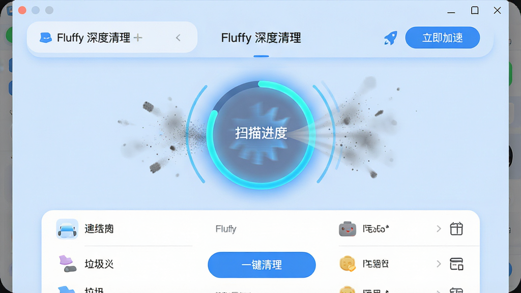���壺Fluffy�����������ͼģ�⣬��ʾ�������������������ҳ�棬��ɨ�趯���������ļ��б������֣�����Ϊ���������м�Ϊɨ�����Բ�����·�Ϊ���������б��͡�һ����������ť���Ű棺��������������ע��Fluffy �������������ť���С��������١���������񣺱�ƽ����ƣ����΢��Ч����������ɫ����ƬԲ�ǣ�ϸ�ڣ��ҳ����ӱ����ߵĶ��������������⣻���ʣ��߷ֱ��ʣ�����ɾ����࣬�޶���ˮӡ������չʾ��������Ԥ��ͼ
