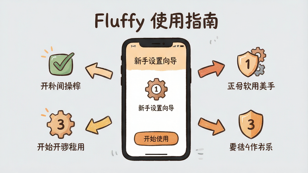 ���壺Fluffy����ʹ�ý̳̳������ֻ���Ļ��ʾ�����������򵼡����棬��Χ�в�������ָʾ��ͷ�����֣��ֻ����У���Χ��1-2-3�����ǩ���ײ��С���ʼʹ�á���ť���Ű棺������ʾ��Fluffy ʹ��ָ�ϡ�����������������ֻ�廭�����ܰɫ��������ǳ�ң�ϸ�ڣ��Թ������֡����Ƶ�ͼ�ꣻ���ʣ��ɾ����࣬�޶���Ԫ�أ�չ��������ѧԤ��ͼ