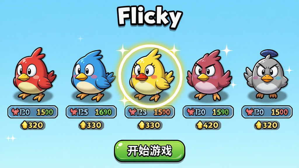 ���壺Flicky��ɫѡ����棬չʾ�����ͬ��ɫ�����͵�С���ɫ�����֣��������У�ÿ����ɫ�·������Ա�ǩ�ͼ۸��Ű棺���涥���С�Flicky�����⣬�ײ��С���ʼ��Ϸ����ť����񣺿�ͨ�ɰ���ɫ�ʷḻ��ϸ�ڣ���ɫ����Ӱ�͹���ѡ�н�ɫ�й⻷��Ч�����ʣ����壬�ɾ����޶���Ԫ�ء�