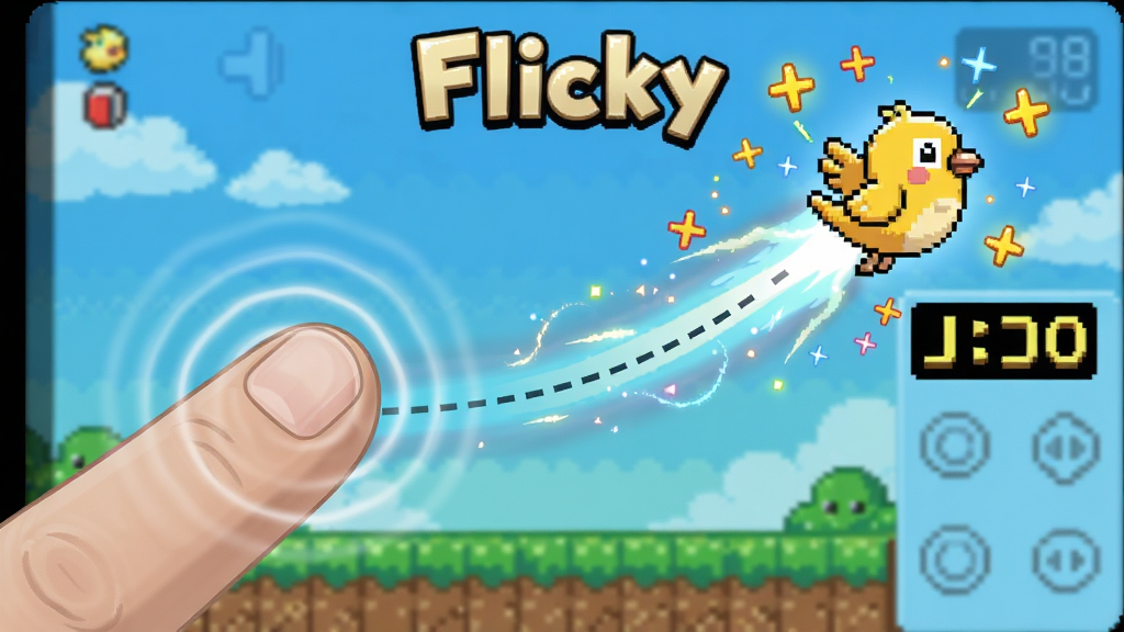 ���壺Flicky��Ϸ�ڵ������ʾ��ͼ����ָ����С���˲�䡣���֣���д��ͷ����ָ����Ļ��໬����С�������Ϸ��ɳ�����������켣���Ű棺��������չʾ��Flicky����Ϸ���棬�Ҳ��е÷����֡���񣺶�̬��׽���������ˡ�ϸ�ڣ���ָ�����в��Ʒ�����С�����·��������ʾ�⣬��Χ�мӷ���Ч�����ʣ����壬�ɾ����޶���Ԫ�ء�
