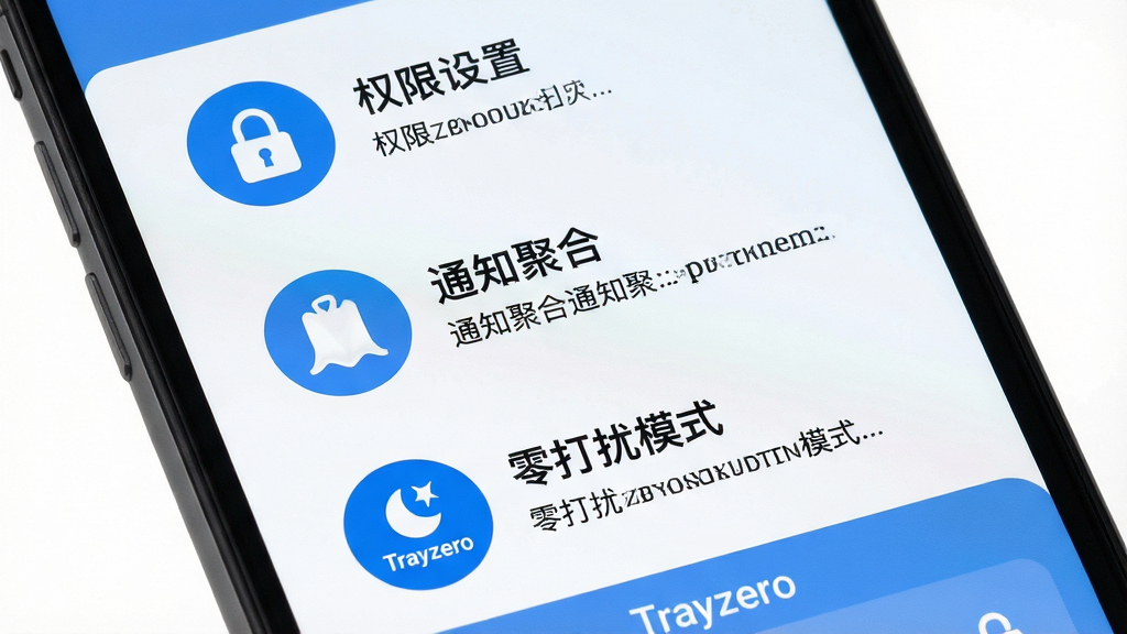 ���壺�ֻ���Ļ��ʾTrayzero��ʹ��ָ�Ͻ��棬�в������ֺ�ͼ�ꡣ���֣�������ϵ�������ΪȨ�����á�֪ͨ�ۺϡ������ģʽ�������衣�Ű棺ÿ����������ͼ��ͼ������˵�������������ɫ������ƽ����ơ�ϸ�ڣ�����ͼ��ΪԲ�Σ��ײ��С�Trayzero�����������ʣ����壬�ɾ����޶���Ԫ�ء�