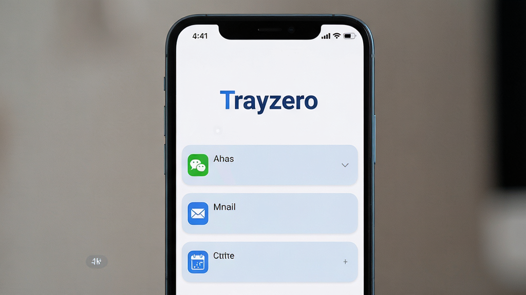���壺һ�������ֻ���Ļ��ʾ�����֪ͨ�����м��С�Trayzero����Ӣ��Logo�����֣��ֻ����У���Ļ�Ϸ�Ϊ״̬�����·�Ϊ֪ͨ�б�����������½ṹ�����׳��㡣�Ű棺Logoλ����Ļ����ƫ�ϣ��·�����3������֪ͨ��Ƭ����񣺱�ƽ�����ִ��У���ˬ��������ɫ����ϸ�ڣ�֪ͨ��Ƭ�Ϸֱ���ʾ΢�š��ʼ�������ͼ�꣬״̬���е�غ��ź�ͼ�ꡣ���ʣ�4K�����壬�ɾ����޶���Ԫ�ء�