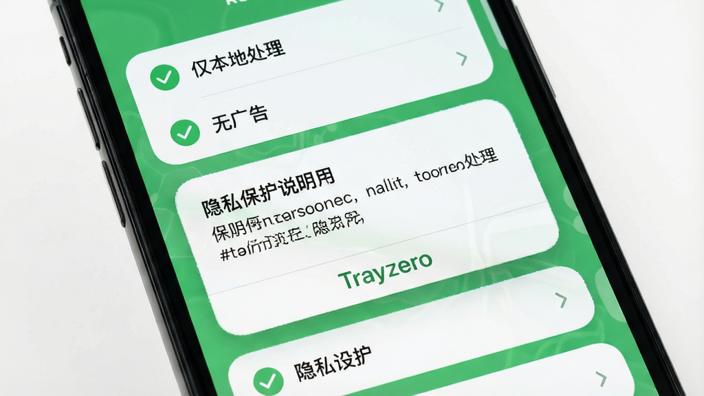 ���壺�ֻ���Ļ��ʾTrayzero����˽���ý��棬�С������ش����������޹�桱�����������֣���������Ϊ��˽����˵����Ƭ������Ϊ����ѡ��Ű棺�б�ʽ���У�ÿ��ѡ��ǰ����ɫ�Թ�ͼ�ꡣ�����ˬ��ɫ����Բ����ơ�ϸ�ڣ���Ƭ�ײ��С�Trayzero�����������ʣ����壬�ɾ����޶���Ԫ�ء�