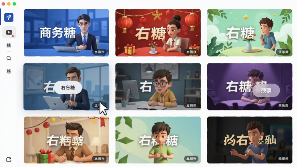 չʾ��������ģ��ѡ��ҳ�棬����״���ж����Ƶ����ͼ��ÿ������ͼչʾ��ͬ���Ķ������棬���������������պ졢�����̵�ɫ���������ͣ��һ��ģ������ʾԤ����ť���������ơ����ǡ��ڲ������������������������