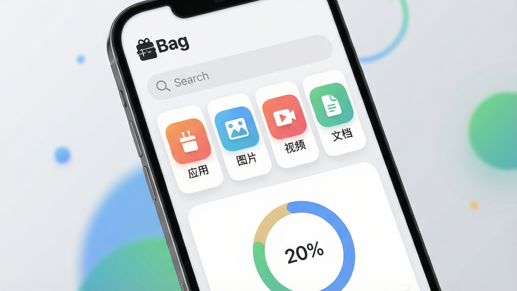 主体为一部智能手机屏幕特写,屏幕中显示Bag软件主界面,界面采用卡片式布局,顶部为“Bag”品牌标识与搜索栏,中部为“应用”、“图片”、“视频”、“文档”四个分类图标,底部为存储空间环形占比图。背景为浅灰色渐变,辅以柔和的蓝色与绿色点缀。整体风格现代简约,扁平化设计,高清渲染,画质干净,无多余元素。
