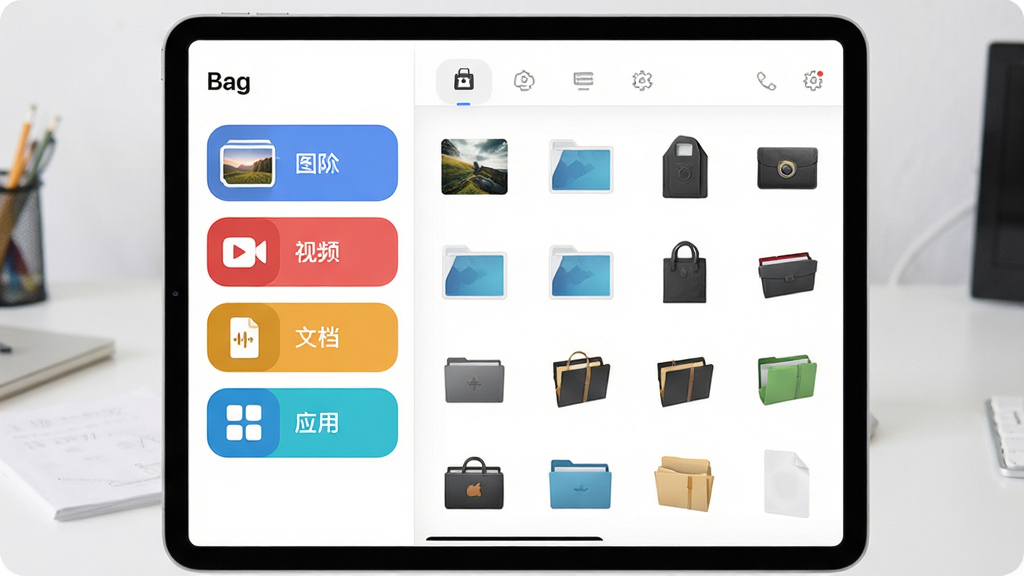 展示Bag软件智能分类功能界面,画面中央为一部平板电脑,屏幕中显示“Bag”软件的分类结果页面,左侧为分类列表(图片、视频、文档、应用),右侧为对应的文件缩略图网格。界面以白色为底色,分类标签采用彩色圆角矩形图标,整体布局清晰有序。风格偏向商务简约,高清渲染,画质干净,无多余元素。