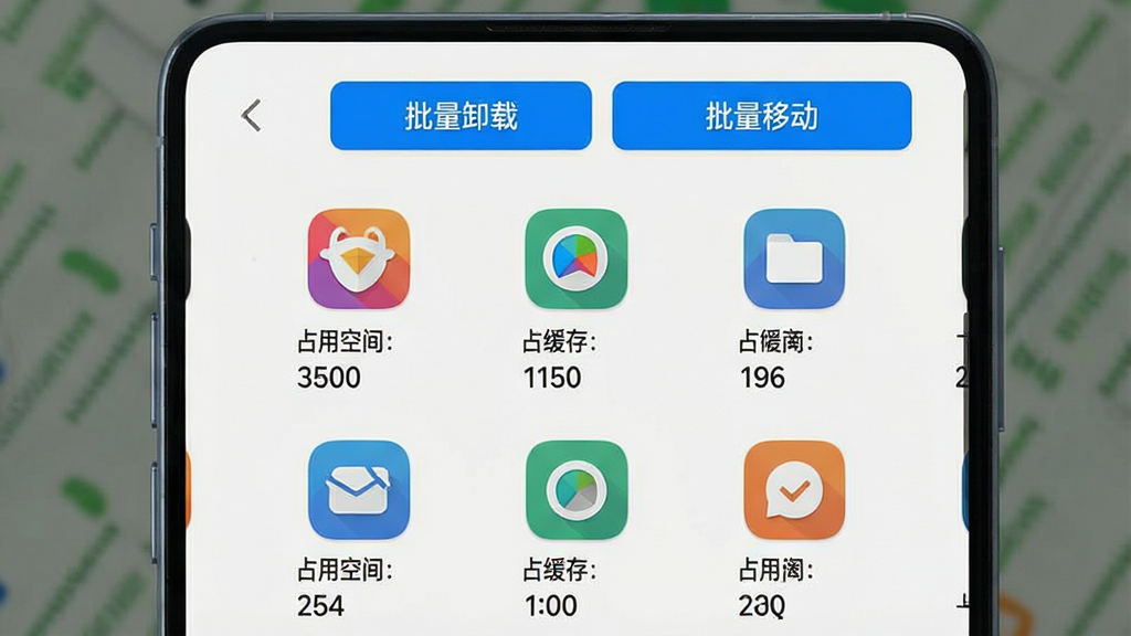 展示Bag软件应用管理界面,画面为手机屏幕,屏幕中列出多个应用图标,每个图标下方显示“占用空间”与“缓存”数据,顶部有“批量卸载”与“批量移动”按钮。整体界面以浅色底为主,应用图标色彩丰富,按钮采用蓝色高亮,风格简洁清晰,高清渲染,画质干净,无多余元素。