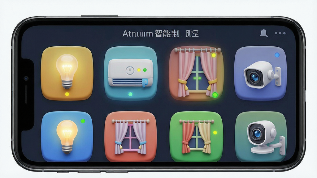 Atrium���ܼҾӿ��ƽ��棬����Ϊ�ֻ�����չʾ���豸������壬����Ϊ����״���е��豸ͼ�꣬�������ݡ��յ�������������ͷ���Ű����룬���Ϊ3D���ﻯͼ�꣬ɫ�ʷḻ��ϸ�ڰ����豸����״ָ̬ʾ�ƣ����ʸ���ɾ������ֱ�ע��Atrium���ܿ��ơ�