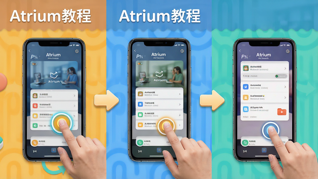 Atriumʹ�ý̳̲���ͼ������Ϊ�ֻ�������ʾ������Ϊ�ֲ���Ľ�ͼƴ����ÿһ�����ü�ͷ���ӣ��Ű����������Ϊ�����ﻯ��ɫ��������ϸ�ڰ�����ָ���λ�ø��������ʸ���ɾ������ֱ�ע��Atrium�̡̳�